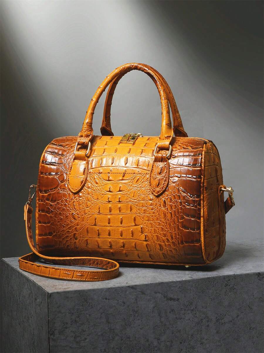 Verbania Croc Embossed Top Handle Boston Bag