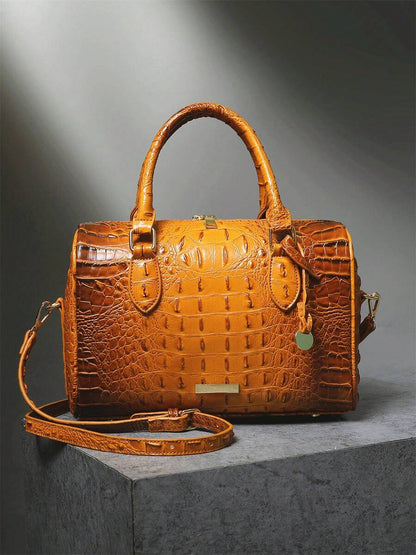 Verbania Croc Embossed Top Handle Boston Bag - Brown