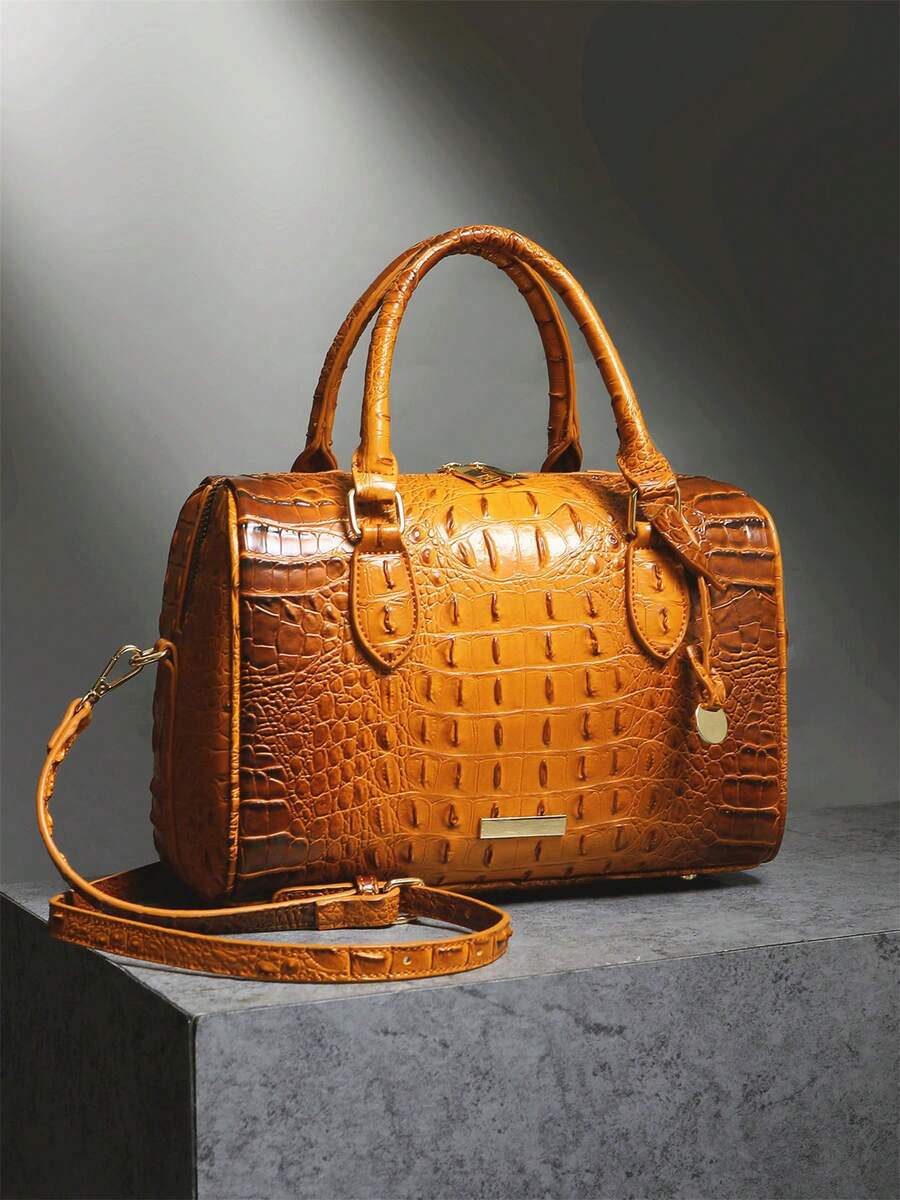 Verbania Croc Embossed Top Handle Boston Bag