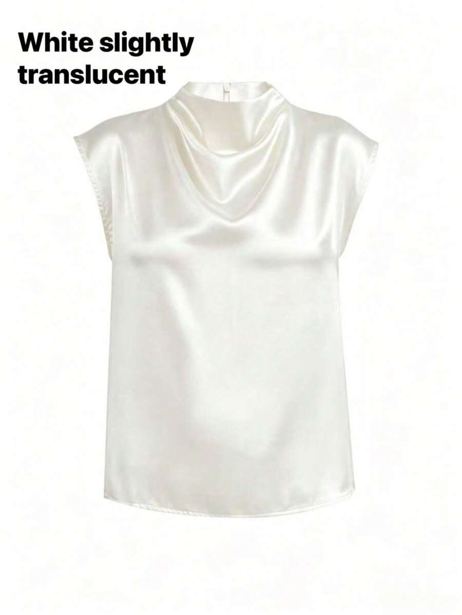 Women's Satin Cowl Neck Sleeveless Blouse, Silky Shell Top for Work and Evening - Black