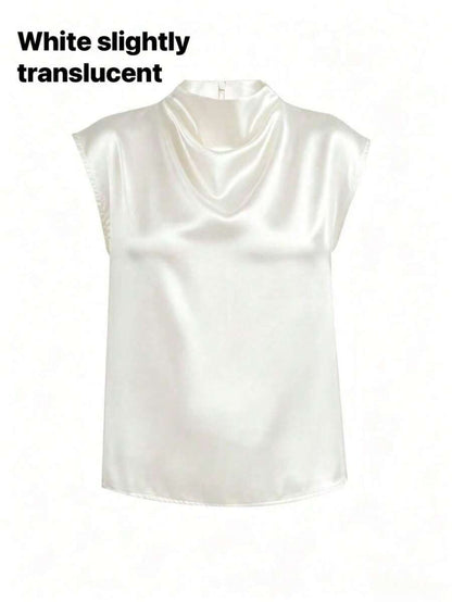 Women's Satin Cowl Neck Sleeveless Blouse, Silky Shell Top for Work and Evening - Black