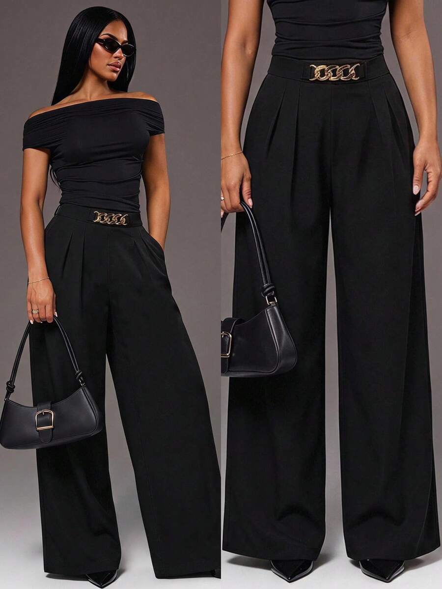 Theodora High Waist Pleated Oversized Wide Leg Suit Trousers - Black with Gold Chain
