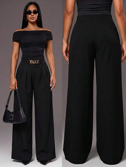 Theodora High Waist Pleated Oversized Wide Leg Suit Trousers - Black with Gold Chain