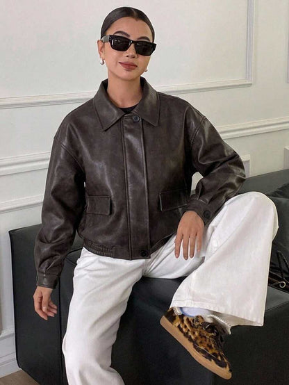 Brielle Thickened PU Faux Leather Loose Outerwear Jacket - White