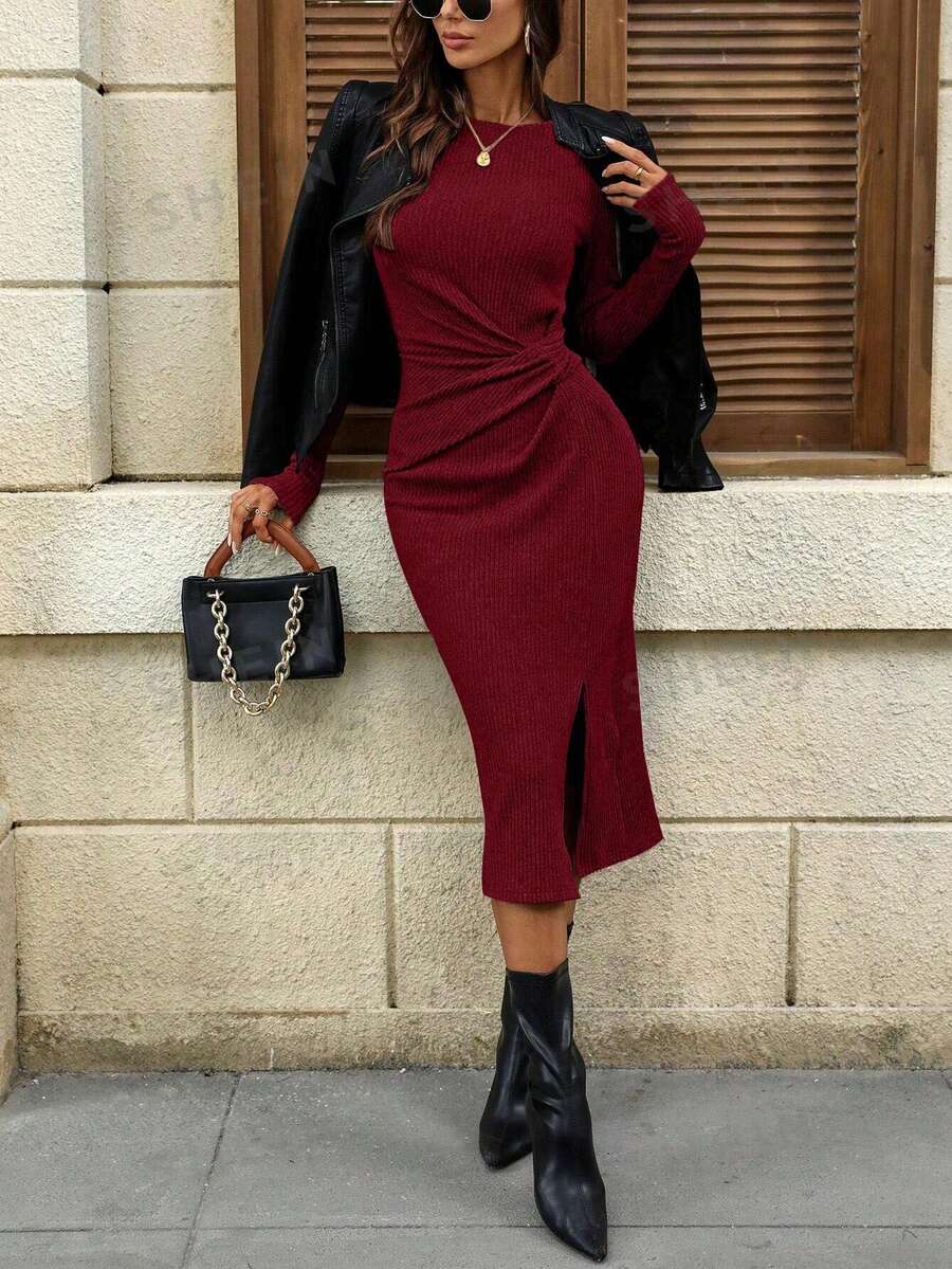 Women's Ruched Waist Midi Dress, Long Sleeve Stretch Dress for Work and Fall - Grey