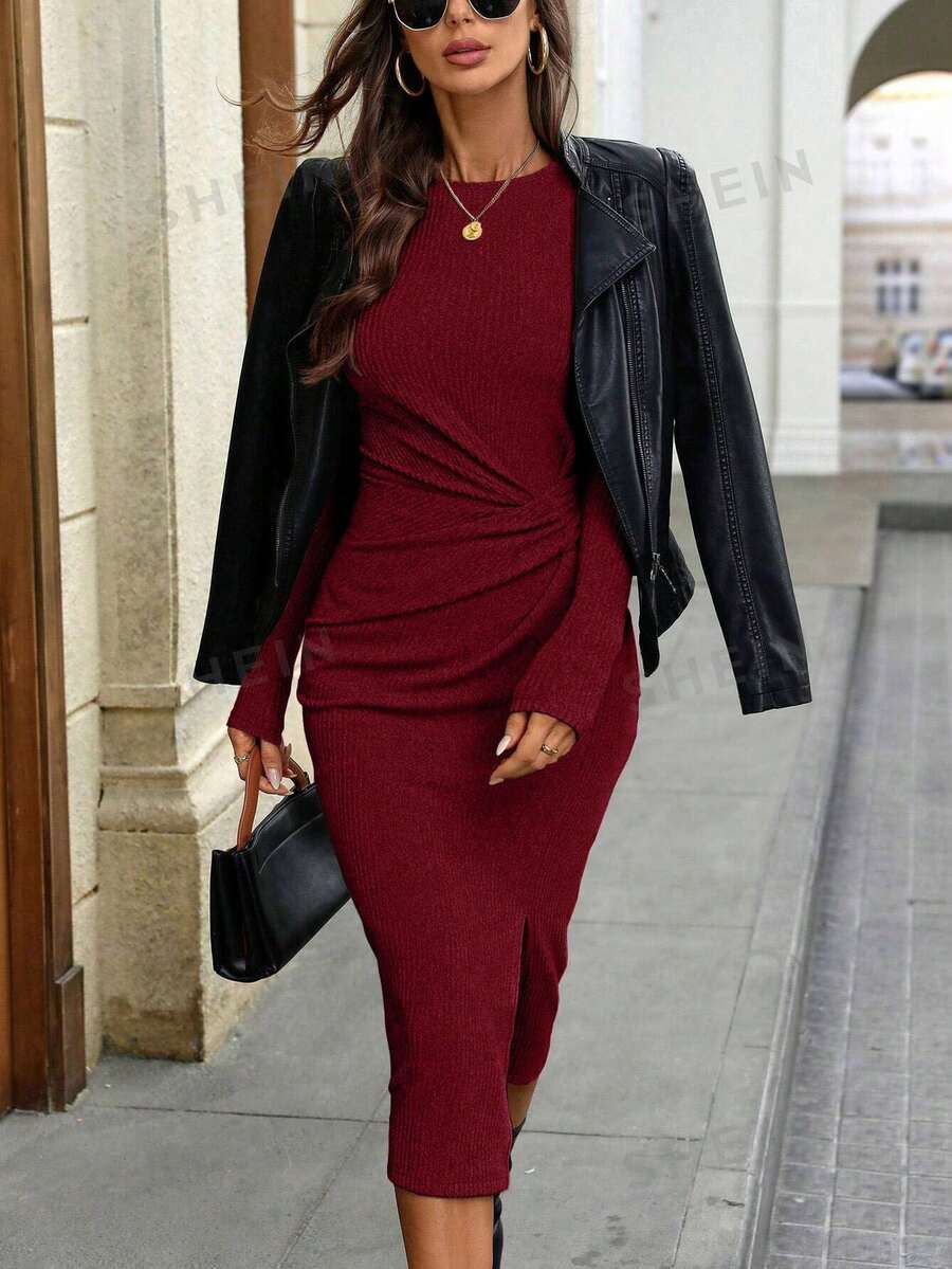 Women's Ruched Waist Midi Dress, Long Sleeve Stretch Dress for Work and Fall - Khaki