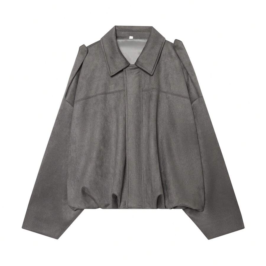 Sabrina Faux Suede Oversized Cropped Collared Jacket - Charcoal Grey