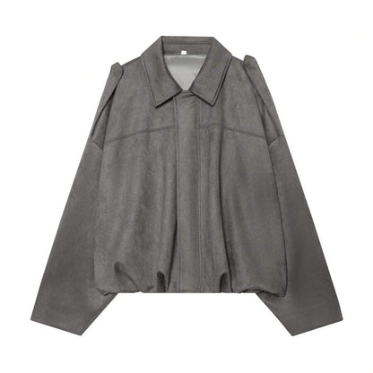 Sabrina Faux Suede Oversized Cropped Collared Jacket - Charcoal Grey