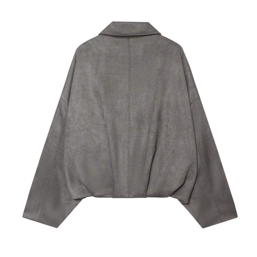 Sabrina Faux Suede Oversized Cropped Collared Jacket - Charcoal Grey