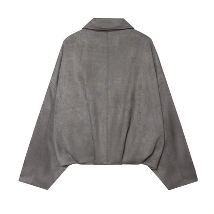 Sabrina Faux Suede Oversized Cropped Collared Jacket - Charcoal Grey