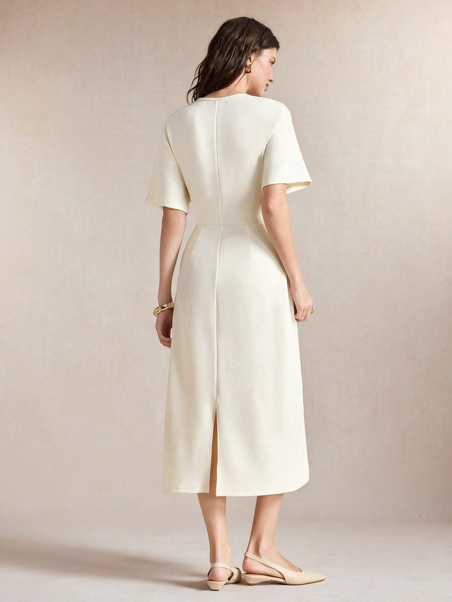 Leona Round Neck Half Sleeve Ruched Waist Midi Dress - Apricot