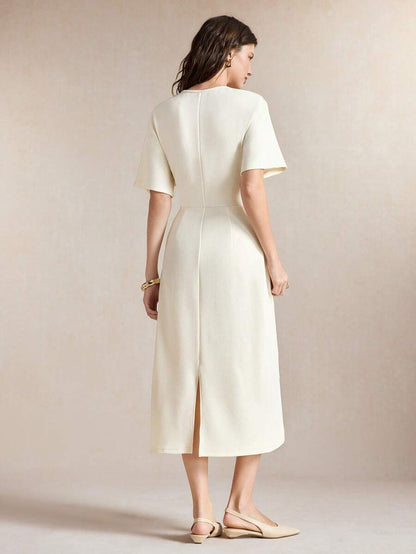 Leona Round Neck Half Sleeve Ruched Waist Midi Dress - Apricot