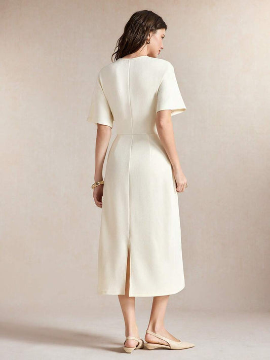 Women's Ruched Waist Midi Dress, Half Sleeve Round Neck Stretch Dress for Everyday and Work - Apricot
