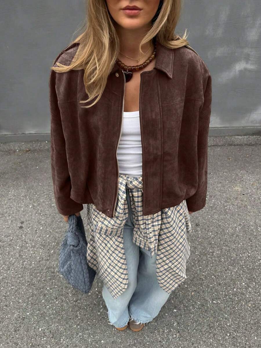 Sabrina Faux Suede Oversized Cropped Collared Jacket - Chocolate Brown