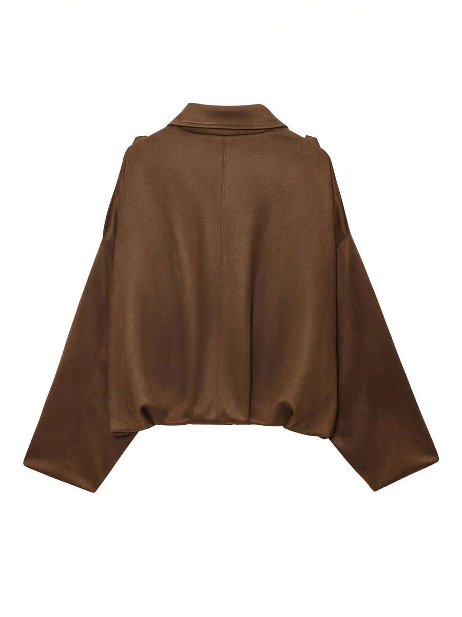 Sabrina Faux Suede Oversized Cropped Collared Jacket - Chocolate Brown