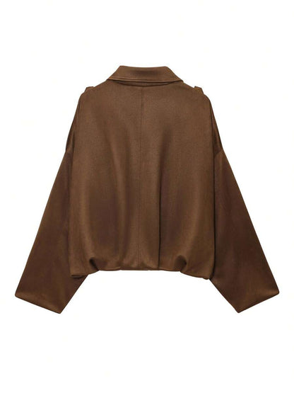 Sabrina Faux Suede Oversized Cropped Collared Jacket - Chocolate Brown