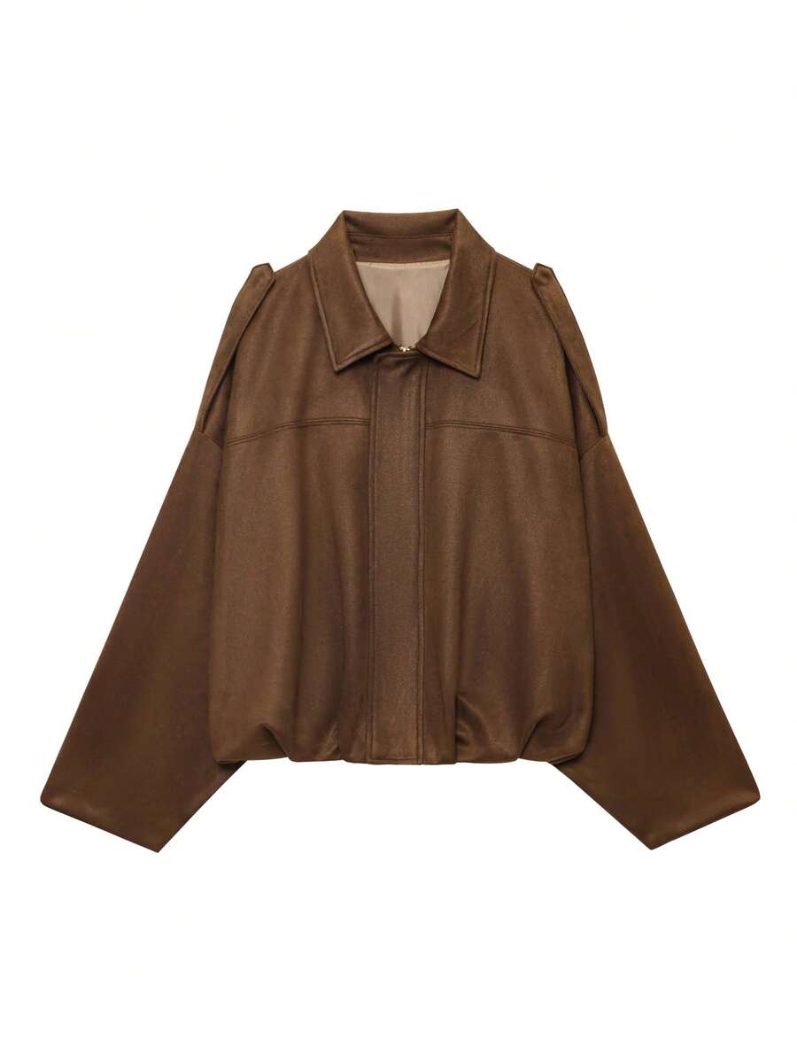 Sabrina Faux Suede Oversized Cropped Collared Jacket - Chocolate Brown