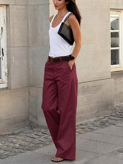 Belsize Loose Wide Leg Pants with Pockets - Burgundy