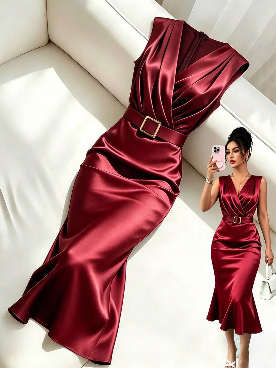 Women's Satin V-Neck Midi Dress, Fitted Silky Dress for Wedding Guest and Evening - Burgundy