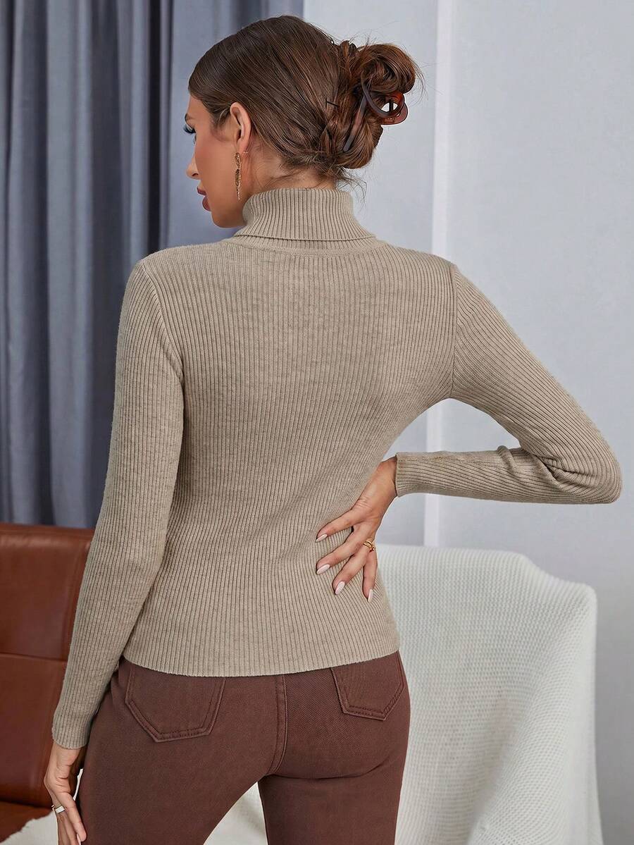 Ingrid Fitted Rib Knit Turtleneck Long Sleeve Pullover Sweater - Khaki