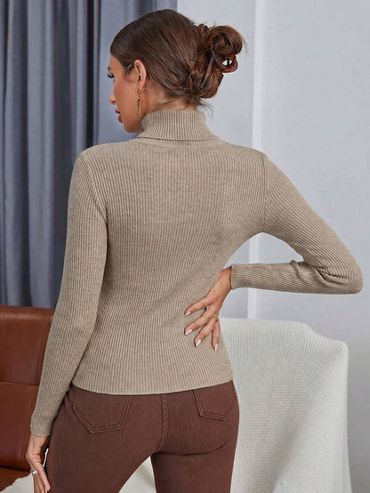 Ingrid Fitted Rib Knit Turtleneck Long Sleeve Pullover Sweater - Khaki