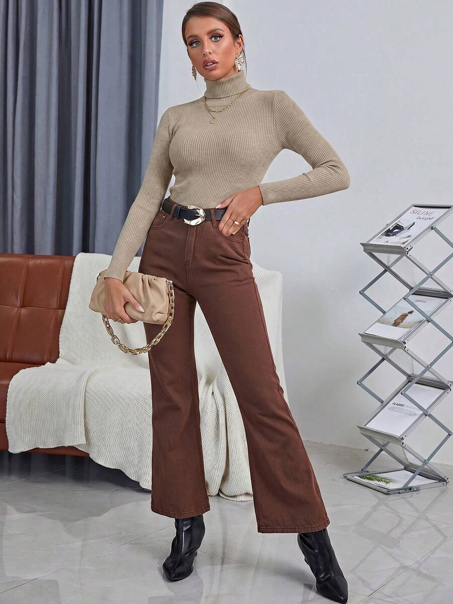Ingrid Fitted Rib Knit Turtleneck Long Sleeve Pullover Sweater - Khaki