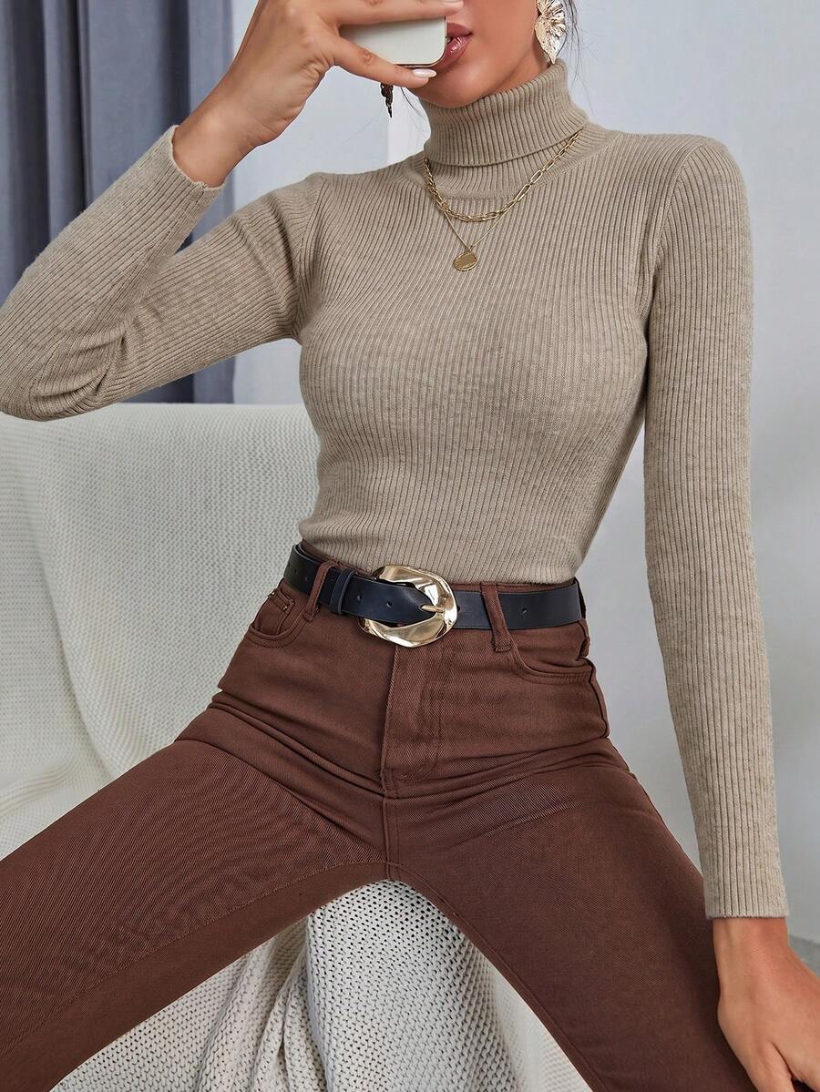 Ingrid Fitted Rib Knit Turtleneck Long Sleeve Pullover Sweater - Khaki