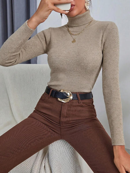 Ingrid Fitted Rib Knit Turtleneck Long Sleeve Pullover Sweater - Khaki