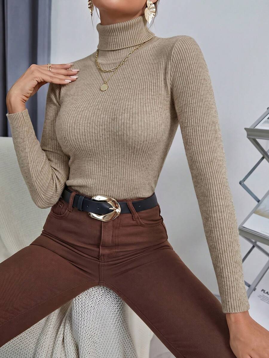 Ingrid Fitted Rib Knit Turtleneck Long Sleeve Pullover Sweater - Khaki