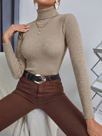Ingrid Fitted Rib Knit Turtleneck Long Sleeve Pullover Sweater - Khaki