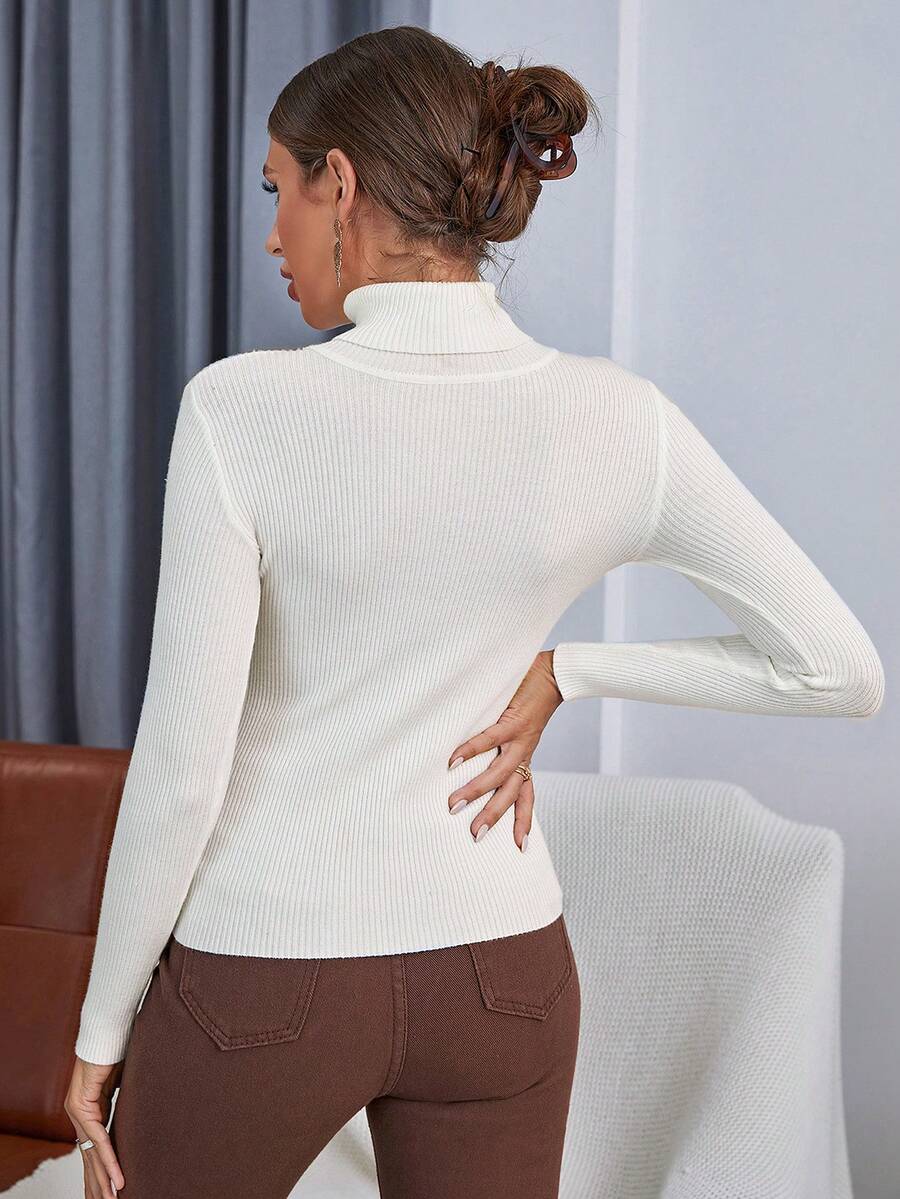 Ingrid Fitted Rib Knit Turtleneck Long Sleeve Pullover Sweater - Ivory