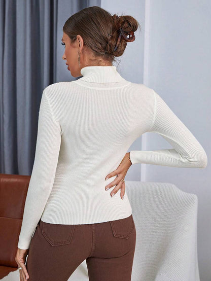 Ingrid Fitted Rib Knit Turtleneck Long Sleeve Pullover Sweater - Ivory