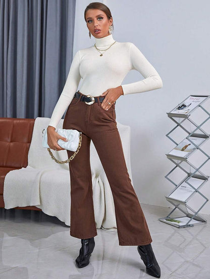 Ingrid Fitted Rib Knit Turtleneck Long Sleeve Pullover Sweater - Ivory