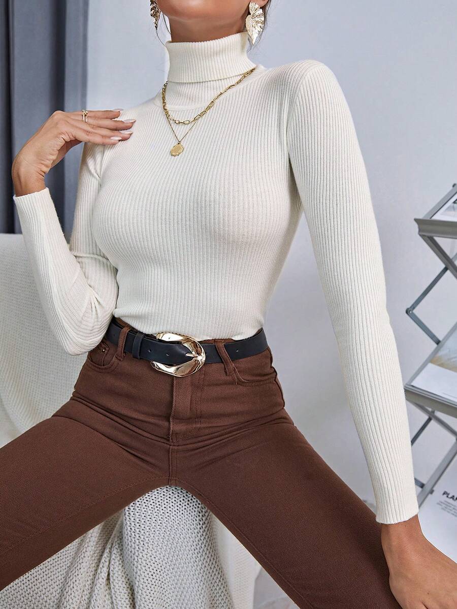 Ingrid Fitted Rib Knit Turtleneck Long Sleeve Pullover Sweater - Ivory