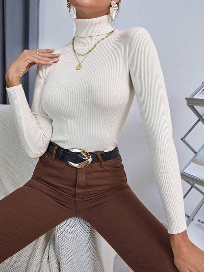 Ingrid Fitted Rib Knit Turtleneck Long Sleeve Pullover Sweater - Ivory