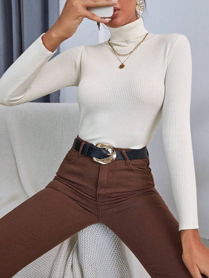 Ingrid Fitted Rib Knit Turtleneck Long Sleeve Pullover Sweater - Ivory