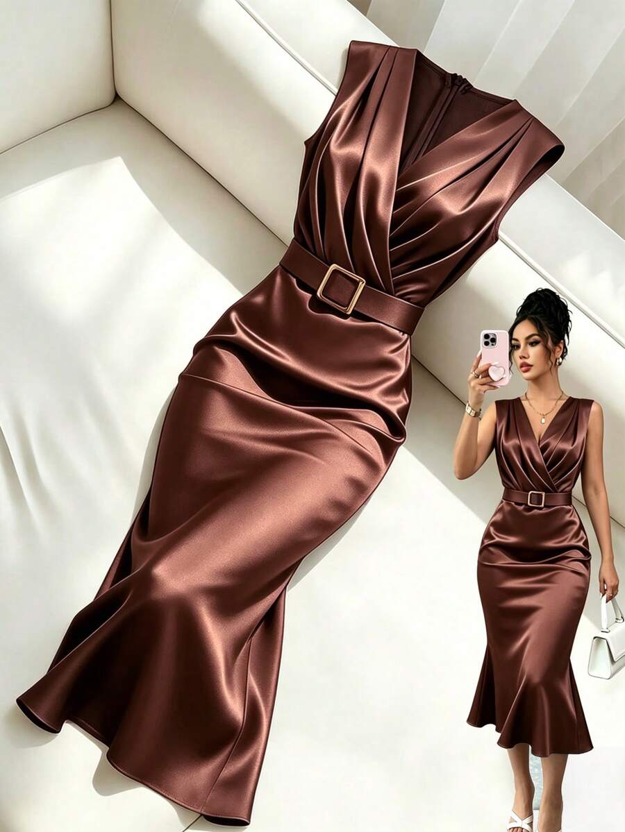 Women's Satin V-Neck Midi Dress, Fitted Silky Dress for Wedding Guest and Evening - Rust Brown