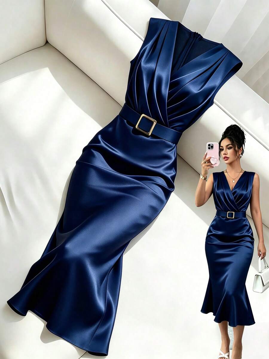 Women's Satin V-Neck Midi Dress, Fitted Silky Dress for Wedding Guest and Evening - Purple