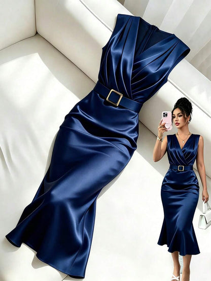 Women's Satin V-Neck Midi Dress, Fitted Silky Dress for Wedding Guest and Evening - Purple