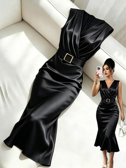 Women's Satin V-Neck Midi Dress, Fitted Silky Dress for Wedding Guest and Evening - Black