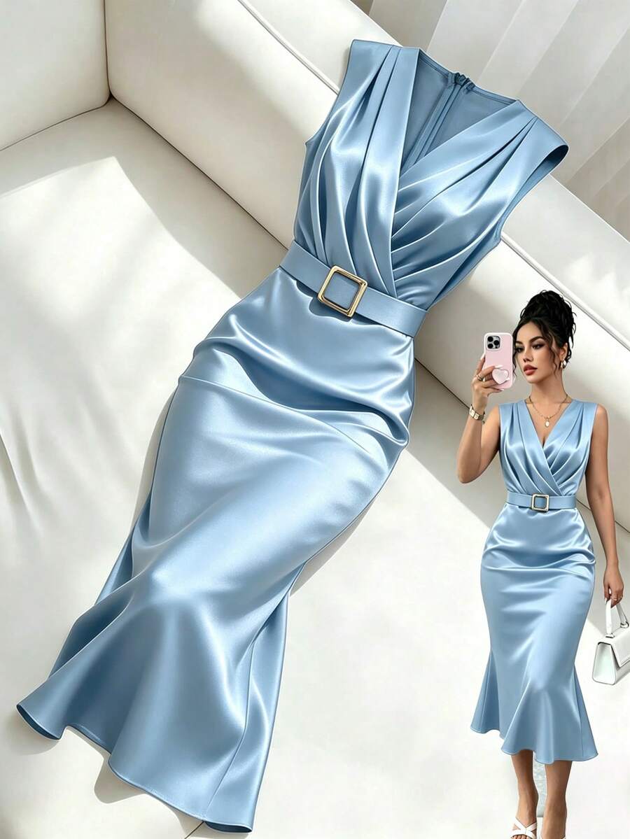 Women's Satin V-Neck Midi Dress, Fitted Silky Dress for Wedding Guest and Evening - Apricot