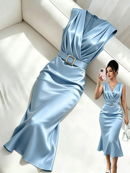 Women's Satin V-Neck Midi Dress, Fitted Silky Dress for Wedding Guest and Evening - Apricot