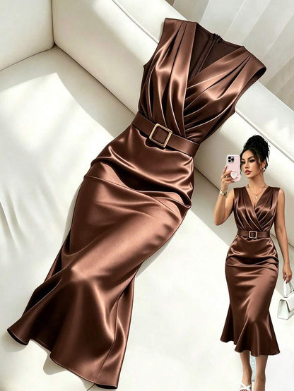 Women's Satin V-Neck Midi Dress, Fitted Silky Dress for Wedding Guest and Evening - Teal Blue
