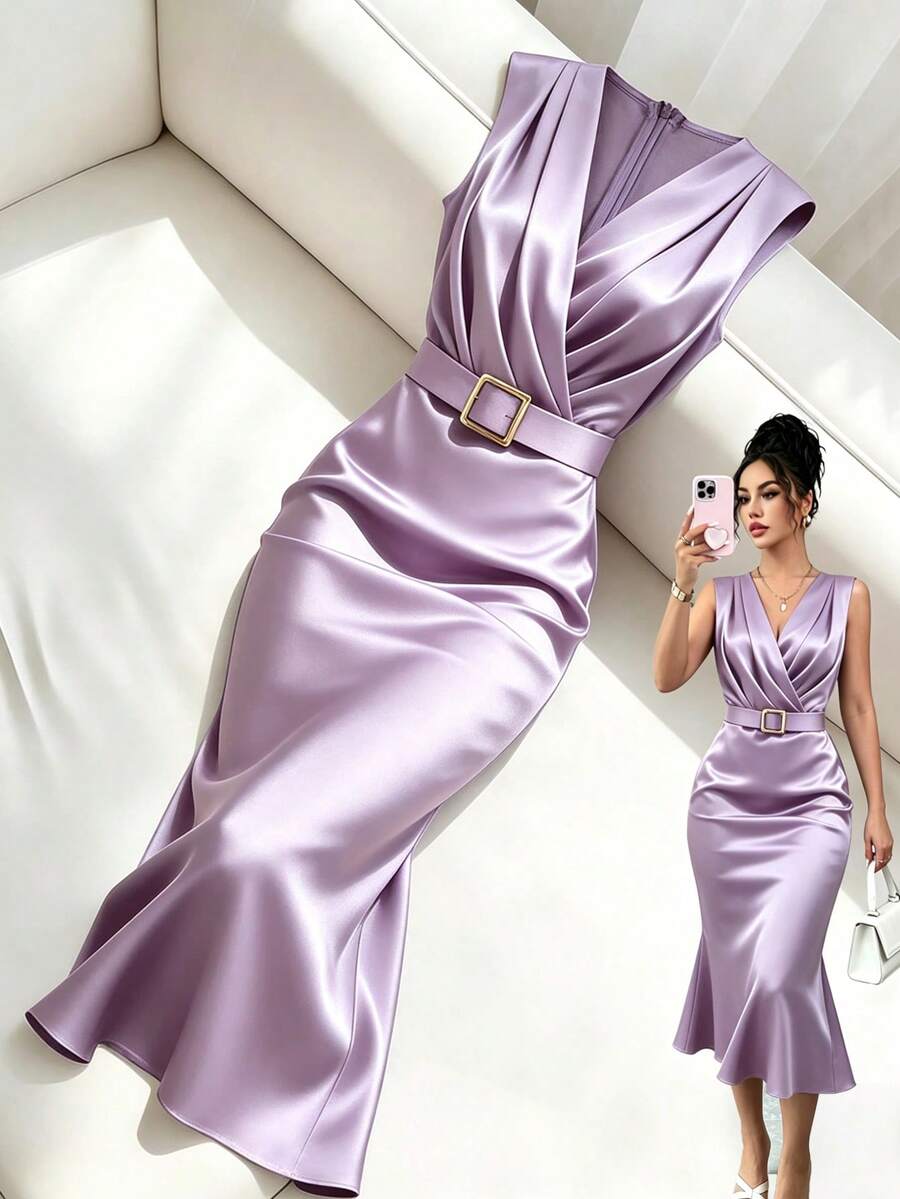 Women's Satin V-Neck Midi Dress, Fitted Silky Dress for Wedding Guest and Evening - Mauve Purple
