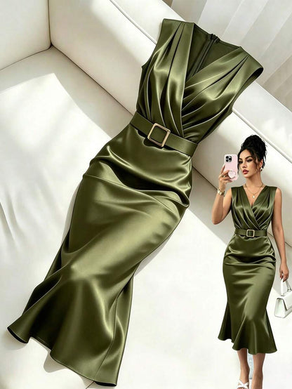 Women's Satin V-Neck Midi Dress, Fitted Silky Dress for Wedding Guest and Evening - Burgundy