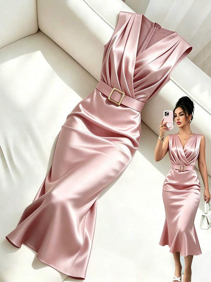 Women's Satin V-Neck Midi Dress, Fitted Silky Dress for Wedding Guest and Evening - Baby Blue