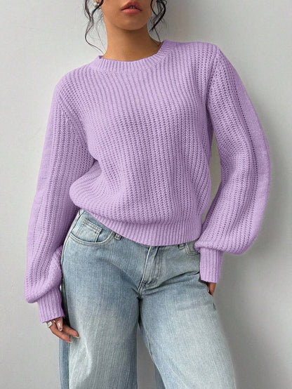 Aurelia Chunky Waffle Knit Crew Neck Relaxed Sweater - Lilac