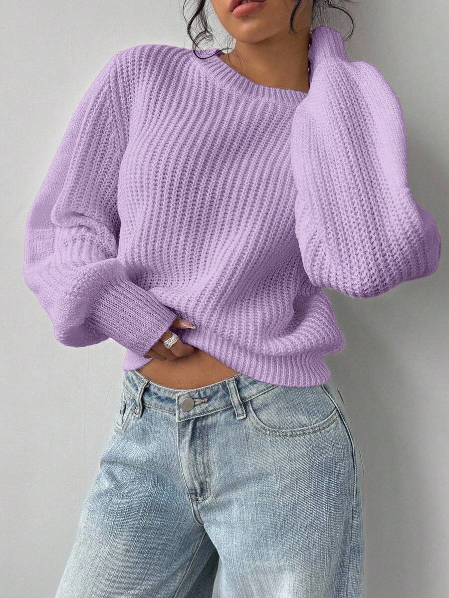 Aurelia Chunky Waffle Knit Crew Neck Relaxed Sweater - Lilac