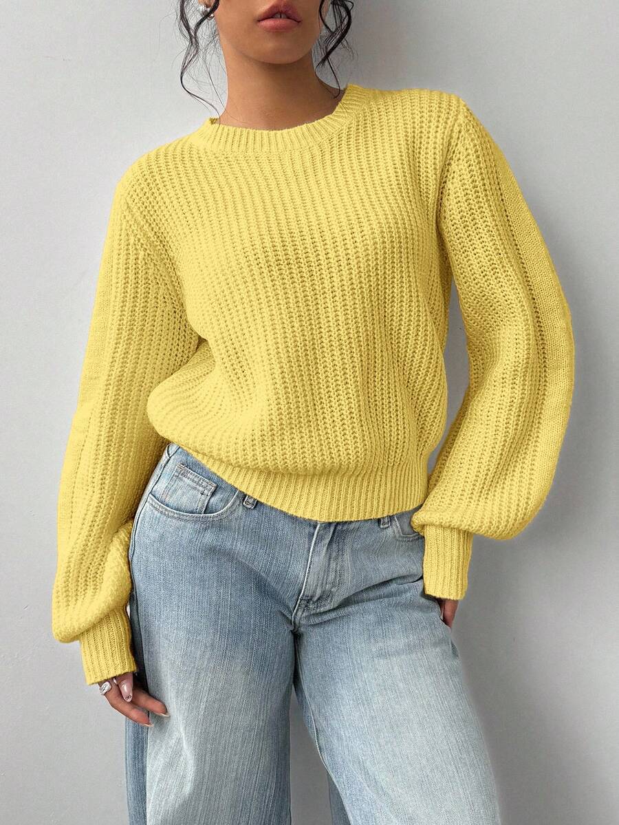 Aurelia Chunky Waffle Knit Crew Neck Relaxed Sweater - Lemon Yellow