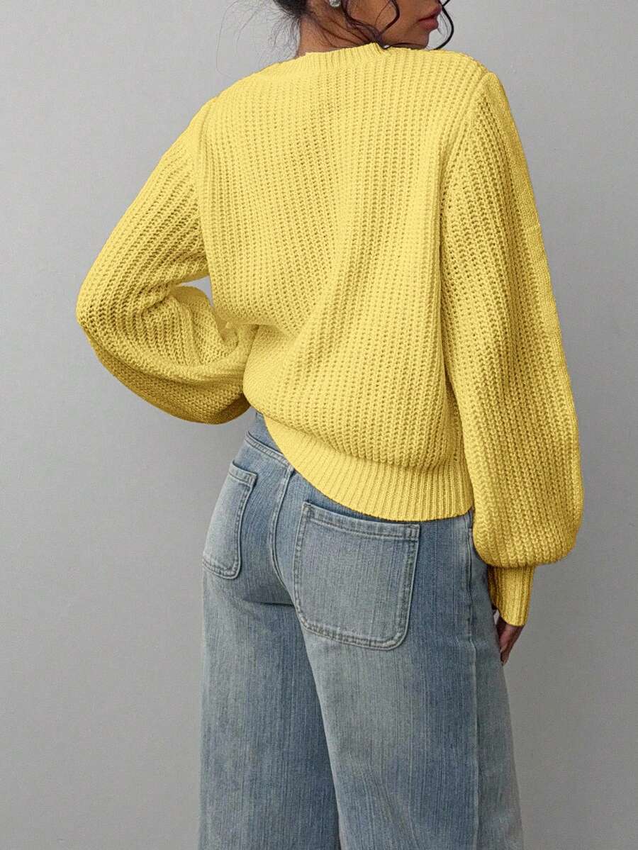Aurelia Chunky Waffle Knit Crew Neck Relaxed Sweater - Lemon Yellow